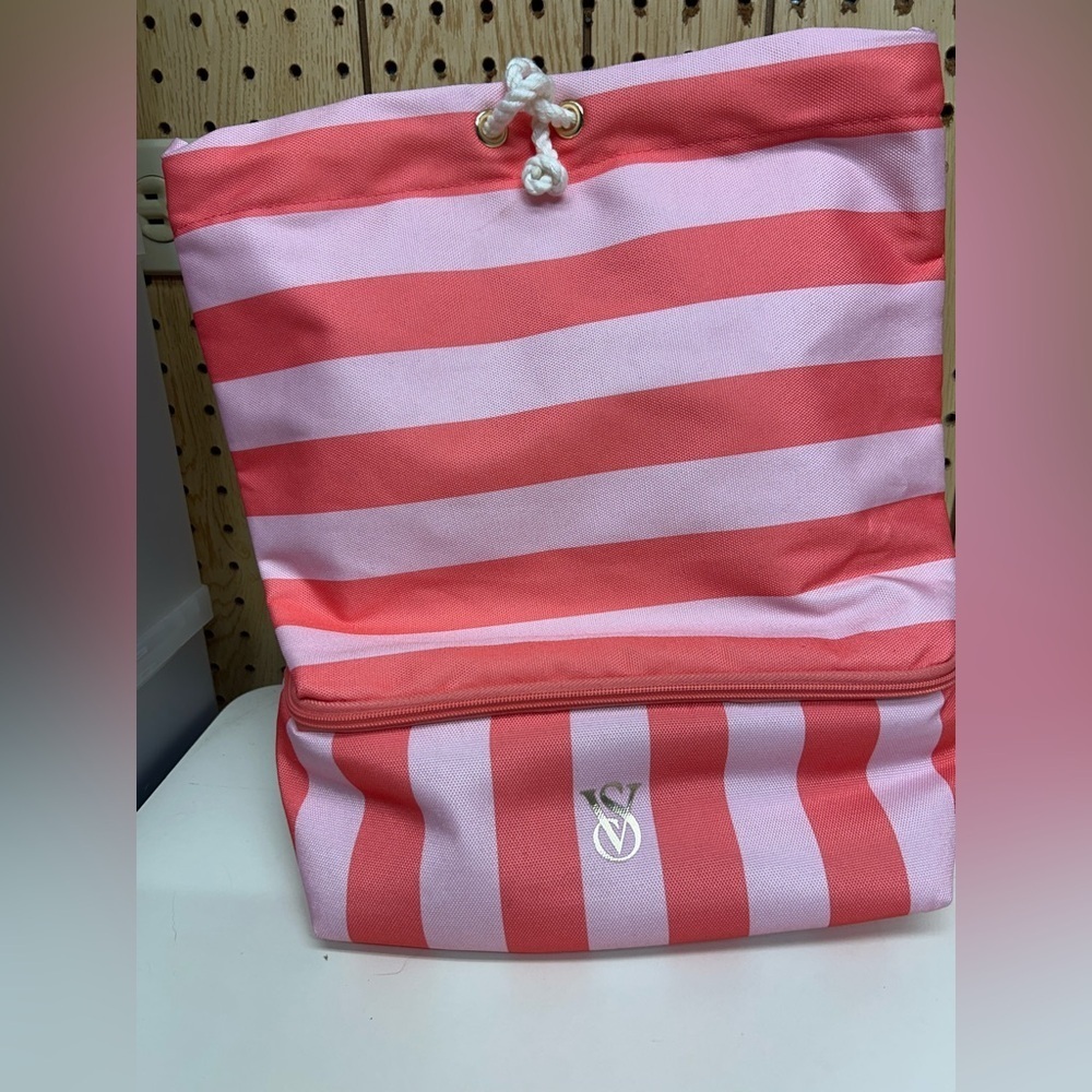 Victoria's Secret Coral and Light Pink Striped Bag - Picture 3 of 8